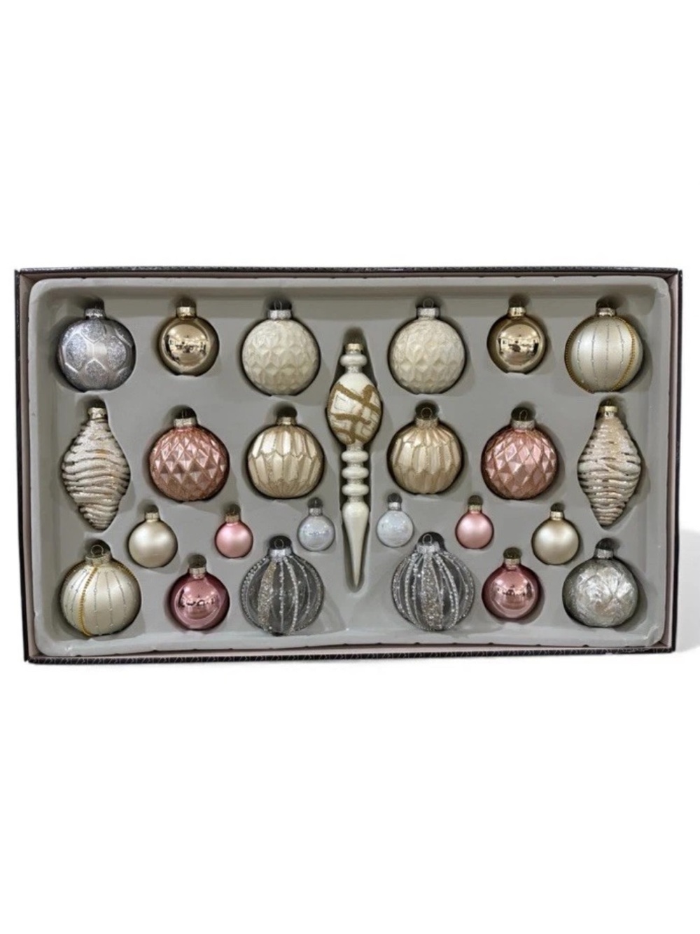Rachel Zoe 25 Pc Beaded Glass Christmas Ornament Set Gold Pink Silver NIB